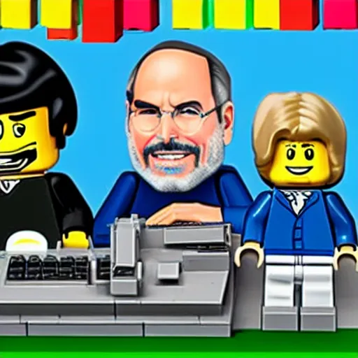 Image similar to steve jobs and steve wozniak inventing apple ii, lego set,