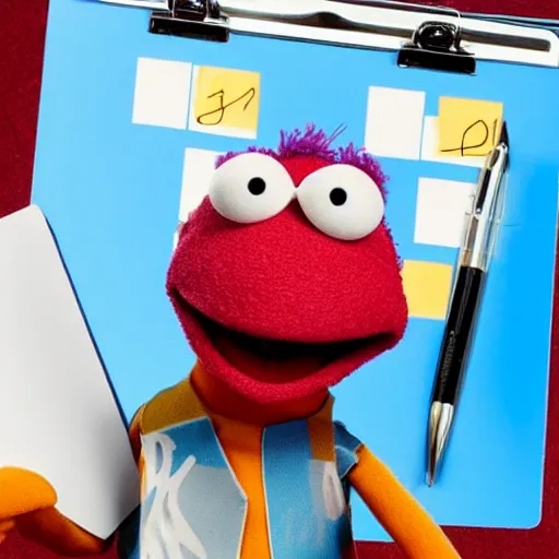 Prompt: skeeter the Muppet holding a clipboard