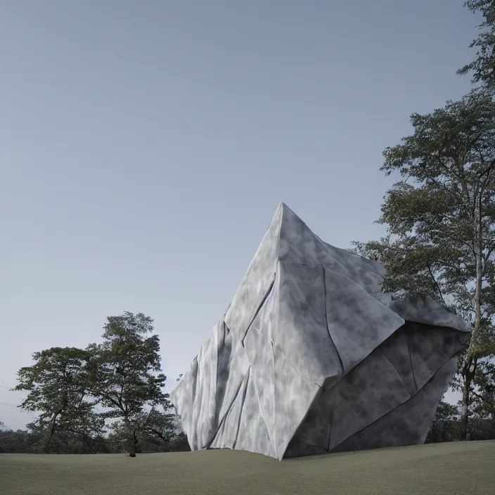 Image similar to a building in a serene landscape, origami