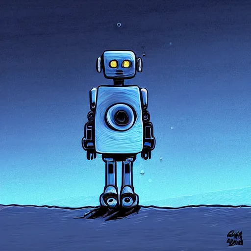 Image similar to a blue robot stands alone on a dead earth, digital art