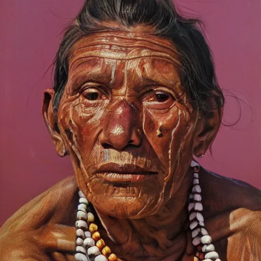 Image similar to high quality high detail painting by lucian freud, hd, full body of a indigenous tribe leader, muted pink color, photorealistic lighting