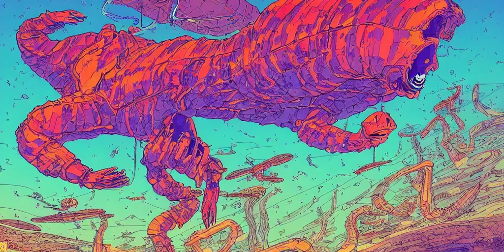 Image similar to electric cats that fly over ice, a lot of tv screens around, shrimps are all over the ground, acid and dreaming psychedelic hallucinations, by moebius and jean giraud, colorful flat surreal design, hd, 8 k, artstation