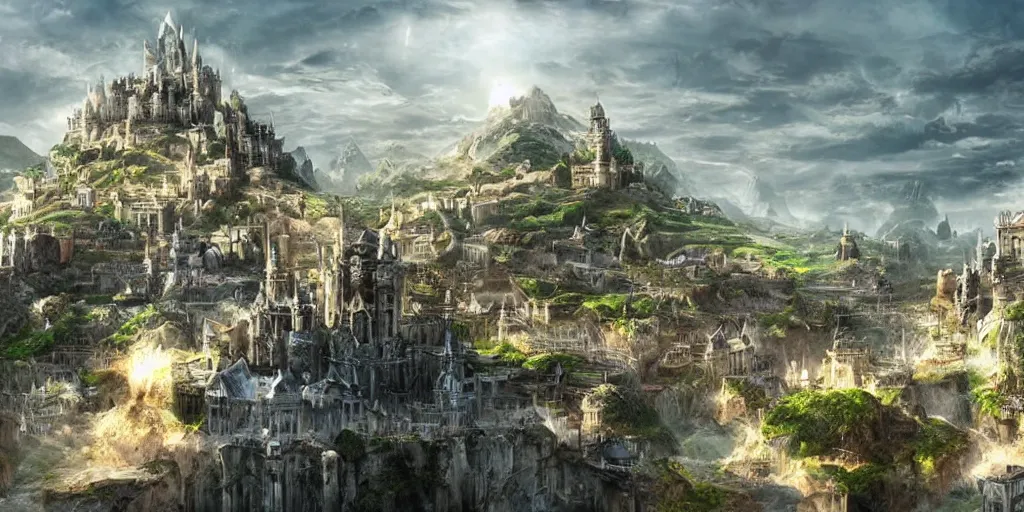 Prompt: an epic fantasy city built into the side of a mountain, white walls, white towers. farms and field at the base of the city. An ocean in the background. high fantasy detailed digital matte painting