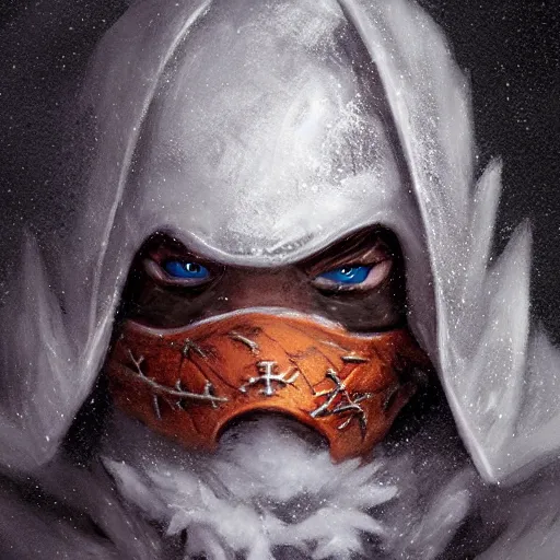 Image similar to a fantasy snow bandit from ‘ icewind dale ’ with a mask on, frost gem, ‘ icewind dale 2 ’ profile portrait by ‘ justin sweet ’, falling snow, soft focus, illustrated, oil paint, artstation