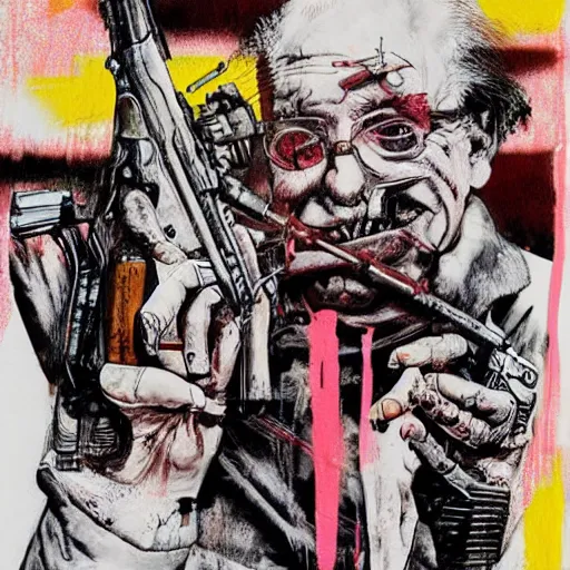 Image similar to Graphic Illustration, Creative Design, Guns, Cyberpunk, Portrait, graffiti, by Ralph Steadman, Francis Bacon, Hunter S Thompson