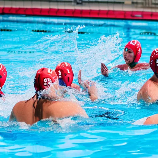 Prompt: hippopotamuses playing water polo with people. sports photograph.