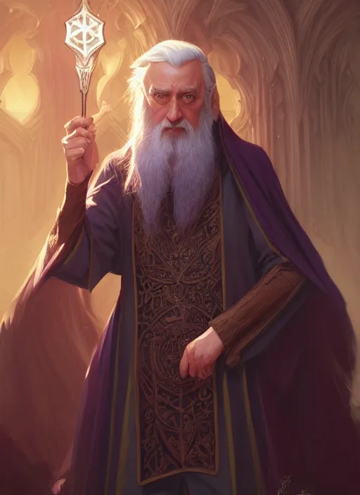 Image similar to dumbledore, d & d, fantasy, intricate, elegant, highly detailed, digital painting, artstation, concept art, matte, sharp focus, illustration, hearthstone, art by artgerm and greg rutkowski and alphonse mucha