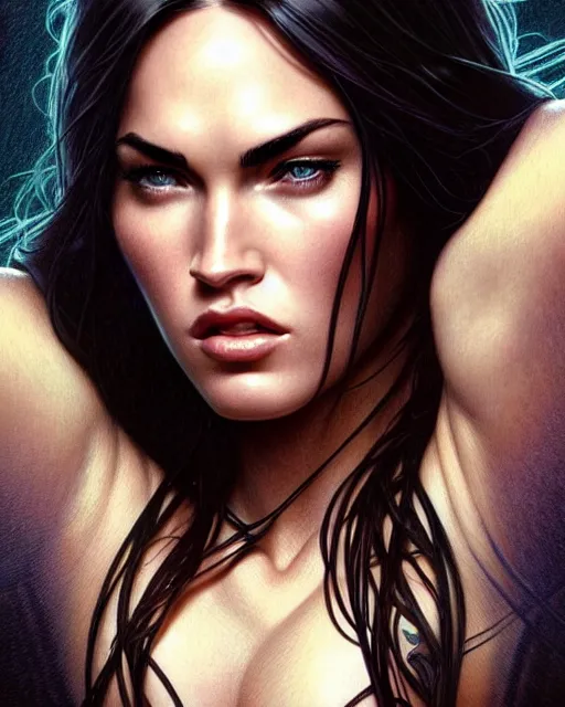 Image similar to portrait of megan fox with angry face expression, intricate, headshot, highly detailed, digital painting, artstation, concept art, sharp focus, cinematic lighting, illustration, art by artgerm and greg rutkowski, alphonse mucha, cgsociety