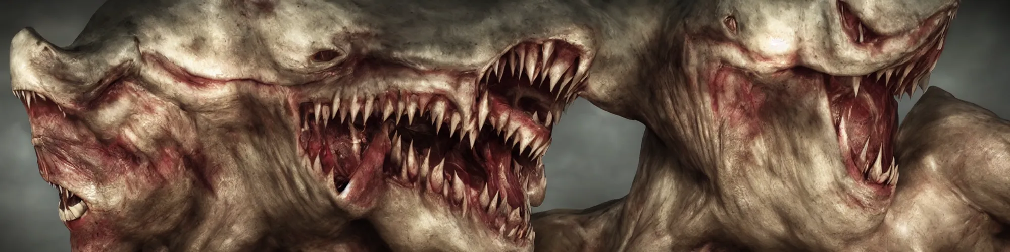 Image similar to A human with shark head made of muscles and flesh, very angry, teeth, ambient light, terror, glows, realistic, photo-realism, hyper realism, picture, detailed, 3D render, scary, distant shot, in the distance,