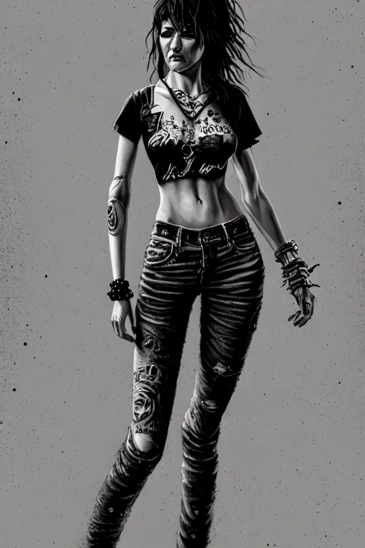 Image similar to fullbody potrait of punk rocker woman in street, woman is wearing t - shirt, hyper realistic, intricate, elegant, highly detailed, digital painting, artstation, concept art, matte, sharp focus art by boris vallejo and greg rutkowski, smooth, sharp focus, illustration