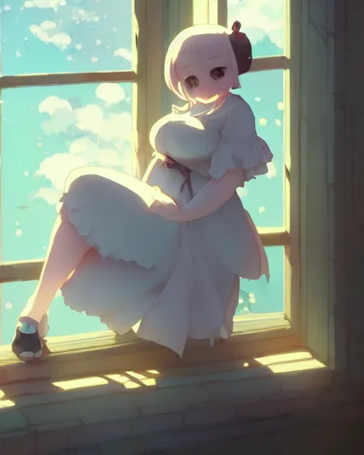 Image similar to a cute stylized thicc ghost girl, sitting on a windowsill of an old house, dramtic lighting, calming ， by makoto shinkai an krenz cushart