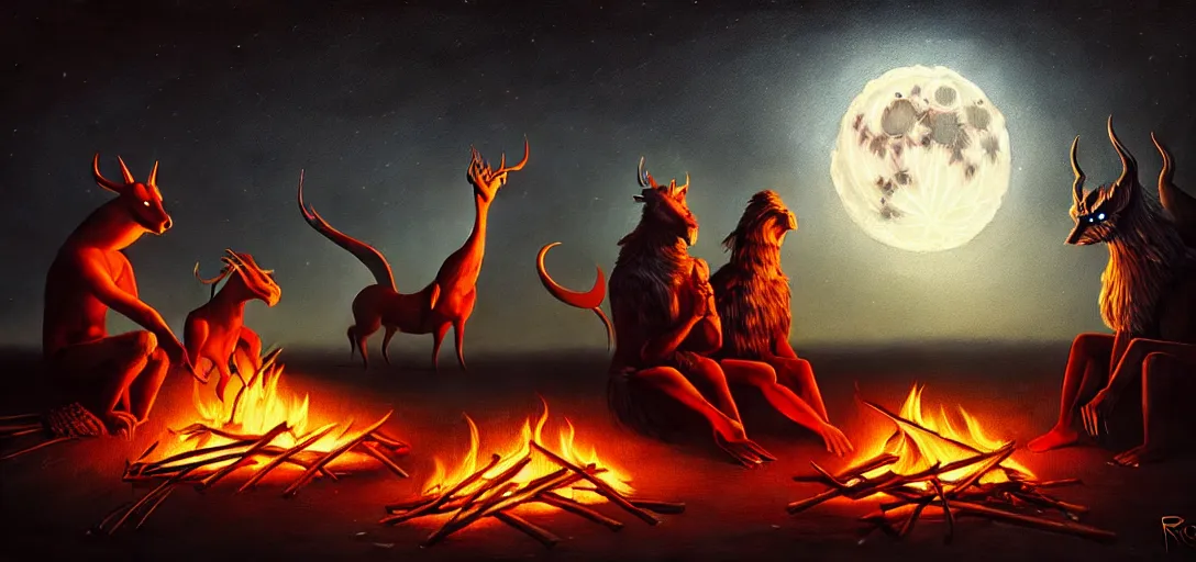 Image similar to strange mythical beasts of sitting around a fire under a full moon, surreal dark uncanny painting by ronny khalil