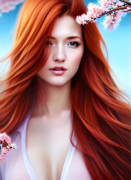 Image similar to photo of a gorgeous female with auburn hair in the style of stefan kostic, realistic, half body shot, sharp focus, 8 k high definition, insanely detailed, intricate, elegant, art by stanley lau and artgerm, extreme blur cherry blossoms background