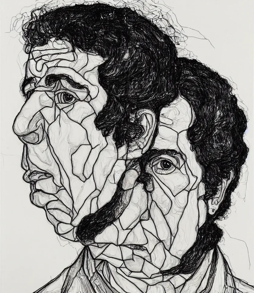 Prompt: line art portrait of leonard cohen inspired by egon schiele. contour lines, twirls and curves, musicality, rapid sketch