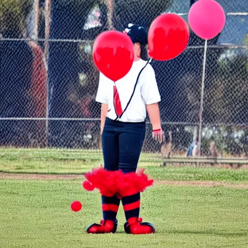 Image similar to Pennywise the clown coaching a girls' little league team.