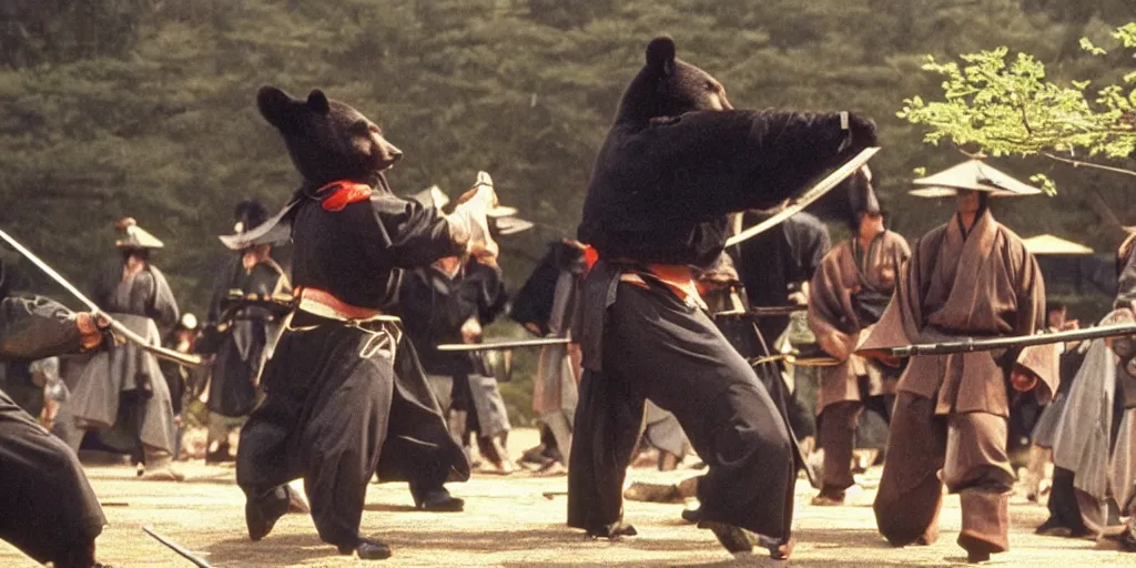 Image similar to scene from Shogun’s Shadow, 1989, movie still, cinematic, anthropomorphic, half man half asian black bear, black bear samurai, epic, samurai