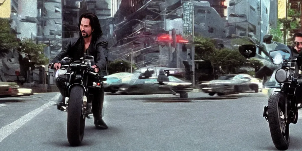 Image similar to beautiful hyperrealism three point perspective film still of Keanu Reeves as neo in bullet time aiming two uzi at agent smith in a nice oceanfront promenade motorcycle chase scene in Matrix meets kagemusha(1990) extreme closeup portrait in style of 1990s frontiers in translucent porclein miniature street photography seinen manga fashion edition,, tilt shift style scene background, soft lighting, Kodak Portra 400, cinematic style, telephoto by Emmanuel Lubezki