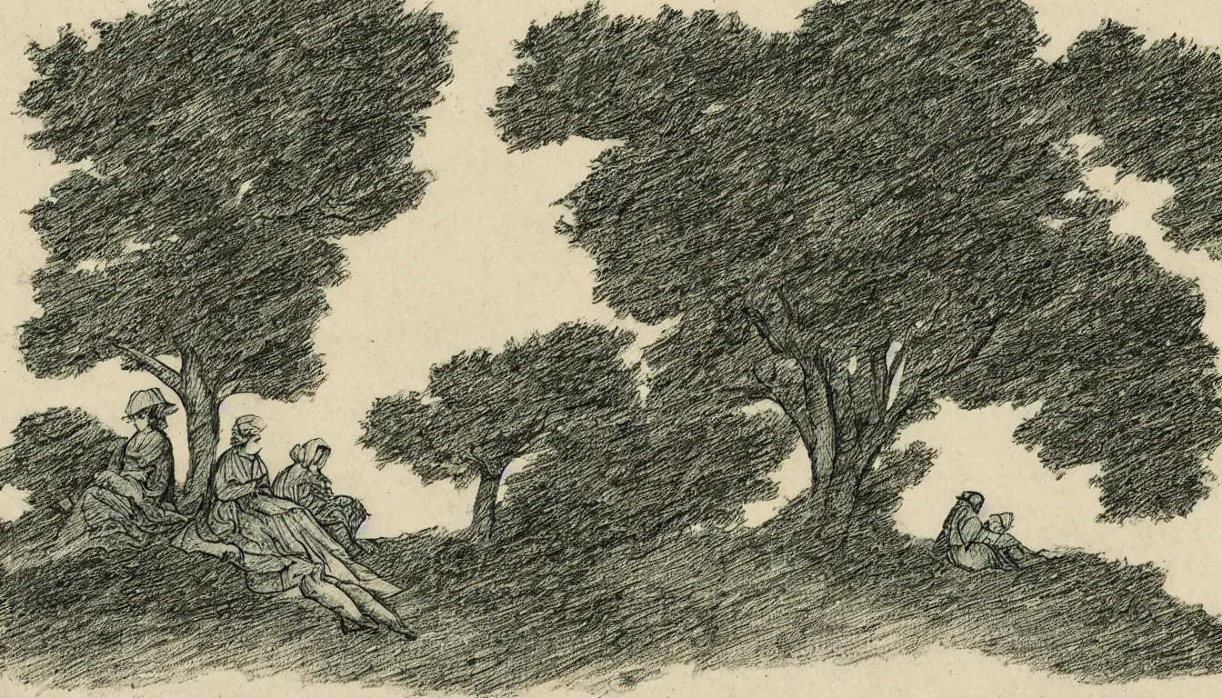 Image similar to two people sit together on a hill while wind blows in the trees, yellowed paper, pen and ink, 1 5 0 0 s, 8 k resolution