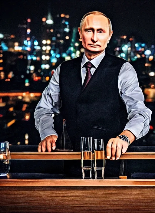 Image similar to a professional photo of person looking like vladimir putin sitting on bar, hand on table, wear watches looking like rolex watches, taken in night club, blur background