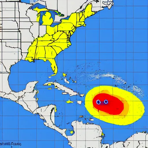 Prompt: a weather forecast warning of a tropical storm that is in the shape of an amogus
