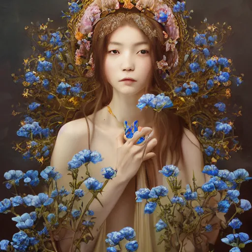 Image similar to breathtaking detailed concept art painting of the goddess of nemophila flowers, orthodox saint, with anxious, piercing eyes, ornate background, amalgamation of leaves and flowers, by Hsiao-Ron Cheng, James jean, Miho Hirano, Hayao Miyazaki, extremely moody lighting, 8K