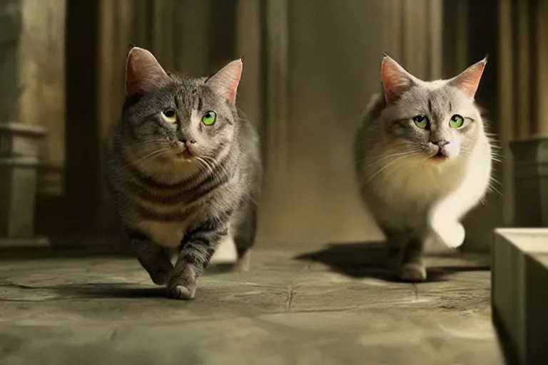 Prompt: futuristic VFX movie of a cat walking through a wizards magic underground study, natural lighting by Emmanuel Lubezki