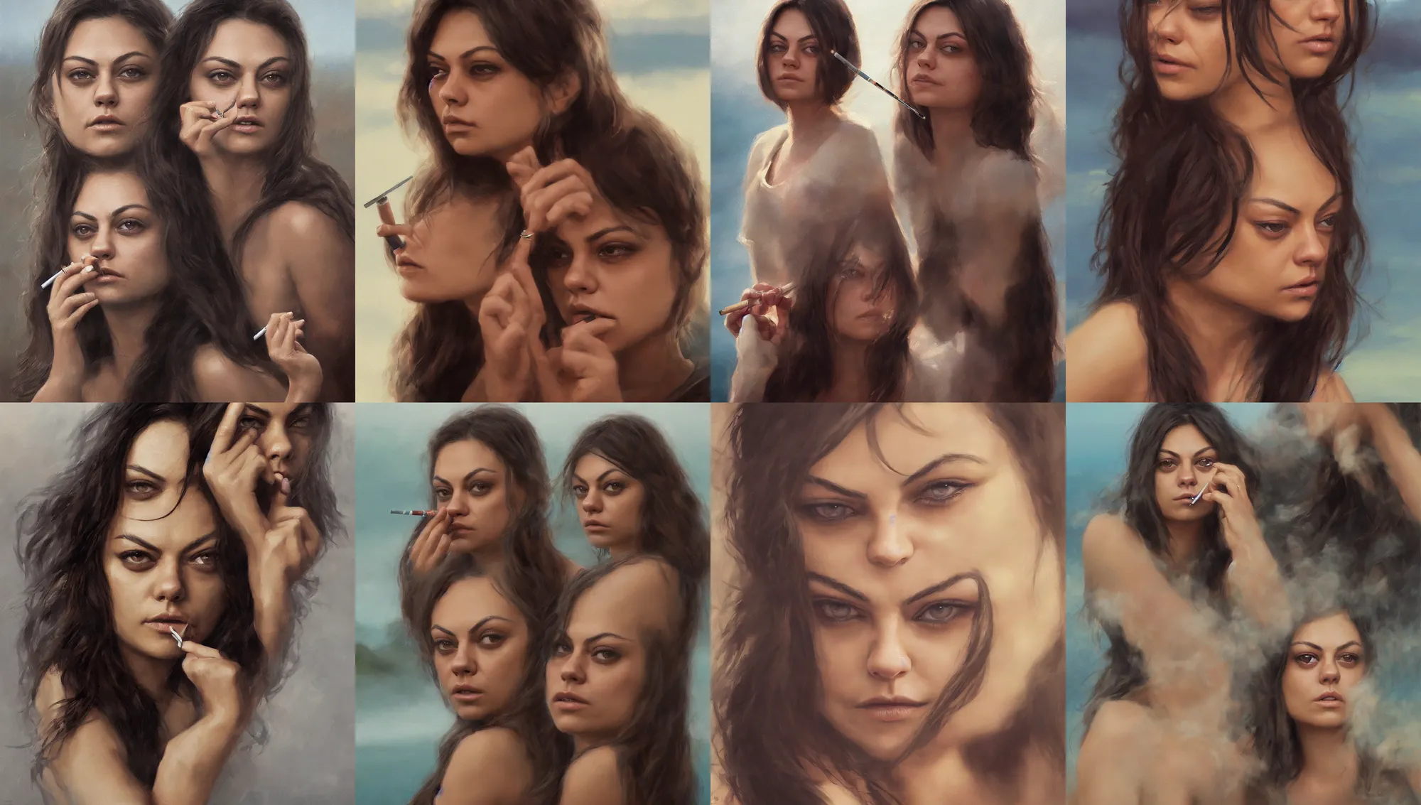 Image similar to winking mila kunis smoking a cigarette closeup portrait, dramatic light, lake background, 2 0 0 mm focal length, 1 9 7 0 s, painted by stanley lau, painted by greg rutkowski, painted by stanley artgerm, digital art, trending on artstation