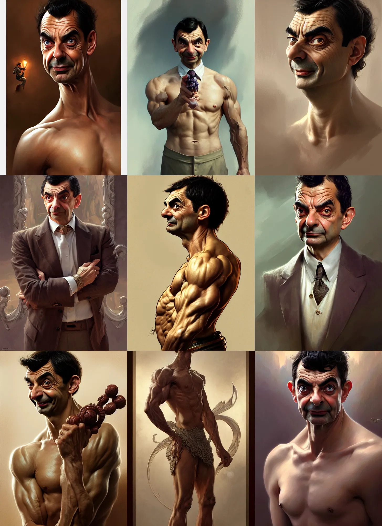 Prompt: portrait of mr bean on steroid, d & d, muscular! fantasy, intricate, elegant, highly detailed, digital painting, artstation, concept art, smooth, sharp focus, illustration, art by artgerm and greg rutkowski and alphonse mucha