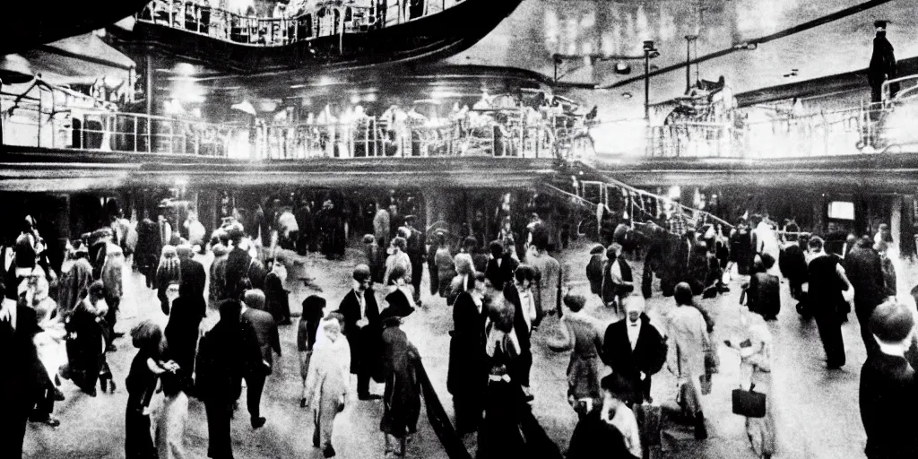 Prompt: inside the titanic in 1970, watching people walking