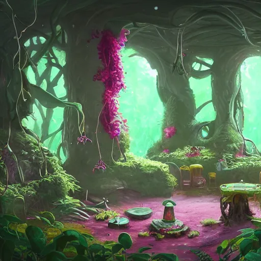Image similar to concept art painting of a interior of a fungal cozy alien fantasy cottage, with black vines and magenta plants, realistic, detailed, cel shaded, dark, in the style of makoto shinkai and greg rutkowski and james gurney