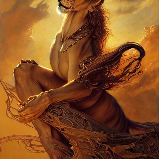 Prompt: highly detailed portrait of a majestic lioness queen in the form of a beautiful woman. d & d. art by donato giancola, eugene delacroix, ruan jia, rebecca guay. trending on artstation, intricate details, energetic composition, golden ratio, concept art, illustration, elegant art, global illuminaition