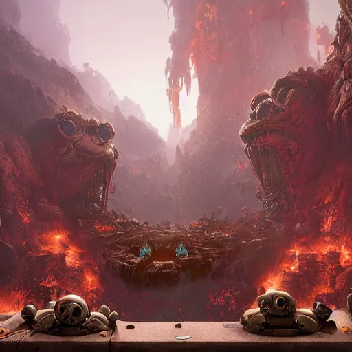 Image similar to the muppets in doom eternal, intricate artwork by Tooth Wu and wlop and beeple. octane render, trending on artstation, greg rutkowski very coherent symmetrical artwork. cinematic, hyper realism, high detail, octane render