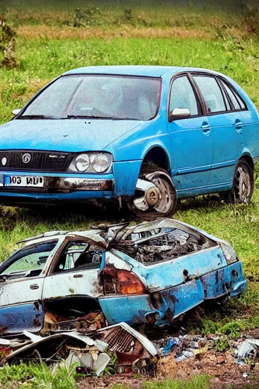 Image similar to “Blue Skoda Octavia Combi disintegrated in junkyard in rain. Realistic photo. ”