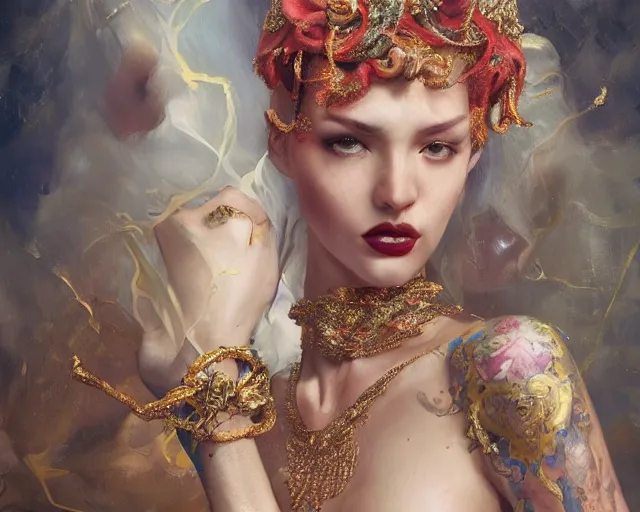 Prompt: expressive oil painting, of alluring romanian queen, seductive look, smirking, smooth glowing skin, glistening body, love, adoration, sweat, tattoos, ornate headpiece made of wool, glamour shot, by yoshitaka amano, by greg rutkowski, by jeremyg lipkinng, by artgerm, digital art, octane render, atmospheric aesthetic