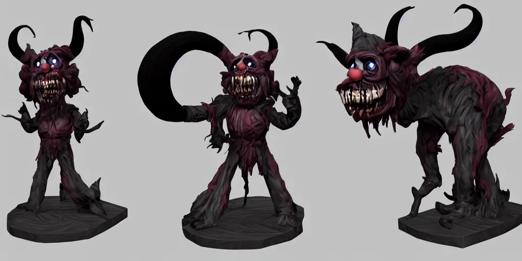 Prompt: a 3d sculpt of a dark fantasy side view of an evil circus clown animatronic circus mascot, tim burton, world of warcraft, league of legends