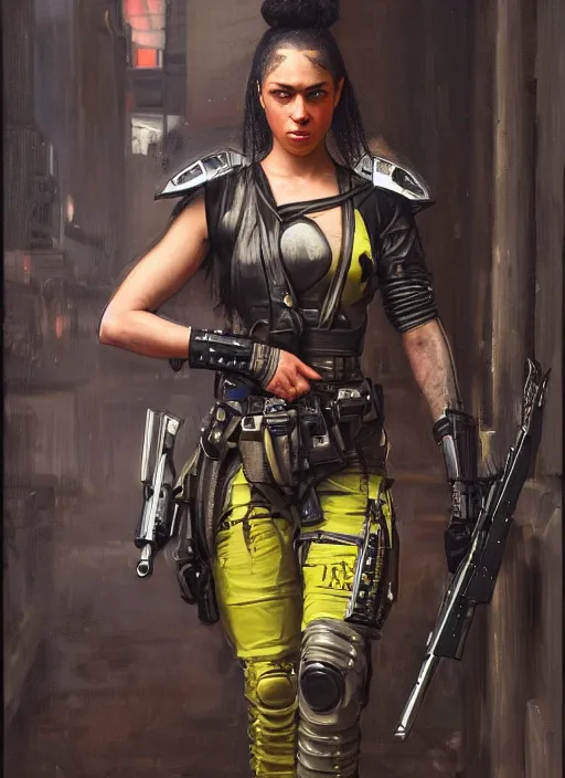 Image similar to Katana. beautiful cyberpunk soldier wearing a military vest and military jumpsuit (cyberpunk 2077). gorgeous african face. Iranian orientalist portrait by john william waterhouse and Edwin Longsden Long and Theodore Ralli and Nasreddine Dinet, oil on canvas. Cinematic, hyper realism, realistic proportions, dramatic lighting, high detail 4k