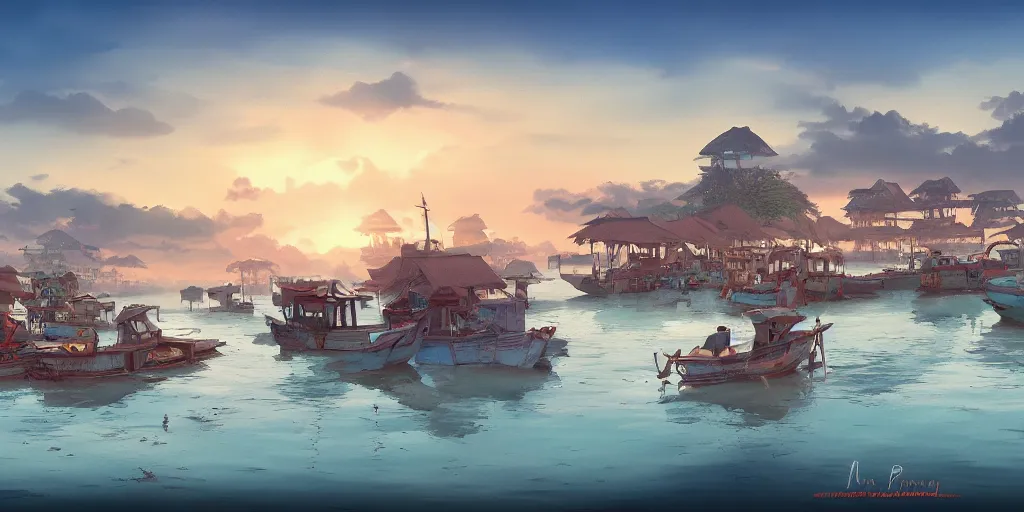 Image similar to pulau indah fishing town in the morning, detailed matte painting, studio ghibli, artstation