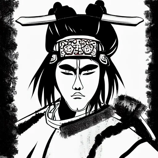 Image similar to a hyperrealistic portrait of a samurai, anime style, manga, vector art, black ink, white background, simple draw