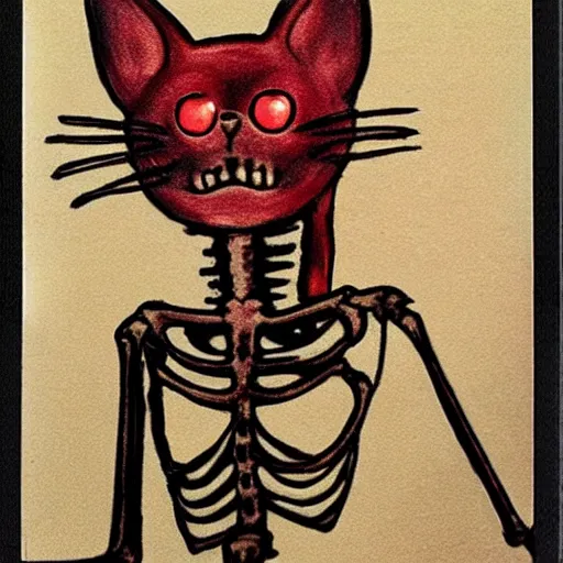 Image similar to A humanoid cat skeleton with red eyes is partying while drunk, photorealistic, polaroid
