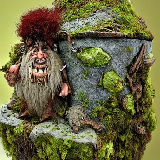 Image similar to a cute friendly mossy trollmancer made of moss and wood by brian froud, insanely detailed, forestpunk,