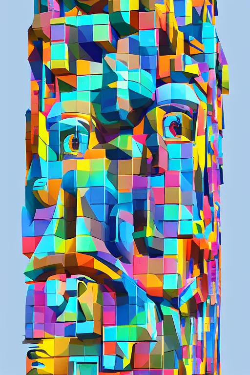 Image similar to cubist moai statue cutout digital illustration cartoon colorful beeple