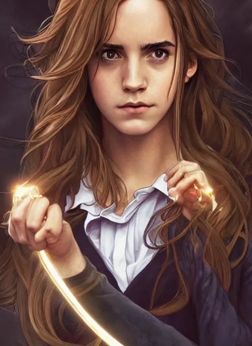 Image similar to hermione! granger! at hogwarts!!!!! by emma watson. beautiful! detailed! face!. by artgerm and greg rutkowski and alphonse mucha
