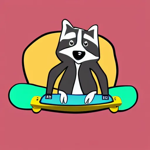 Image similar to cartoon illustration of a raccoon riding a skateboard