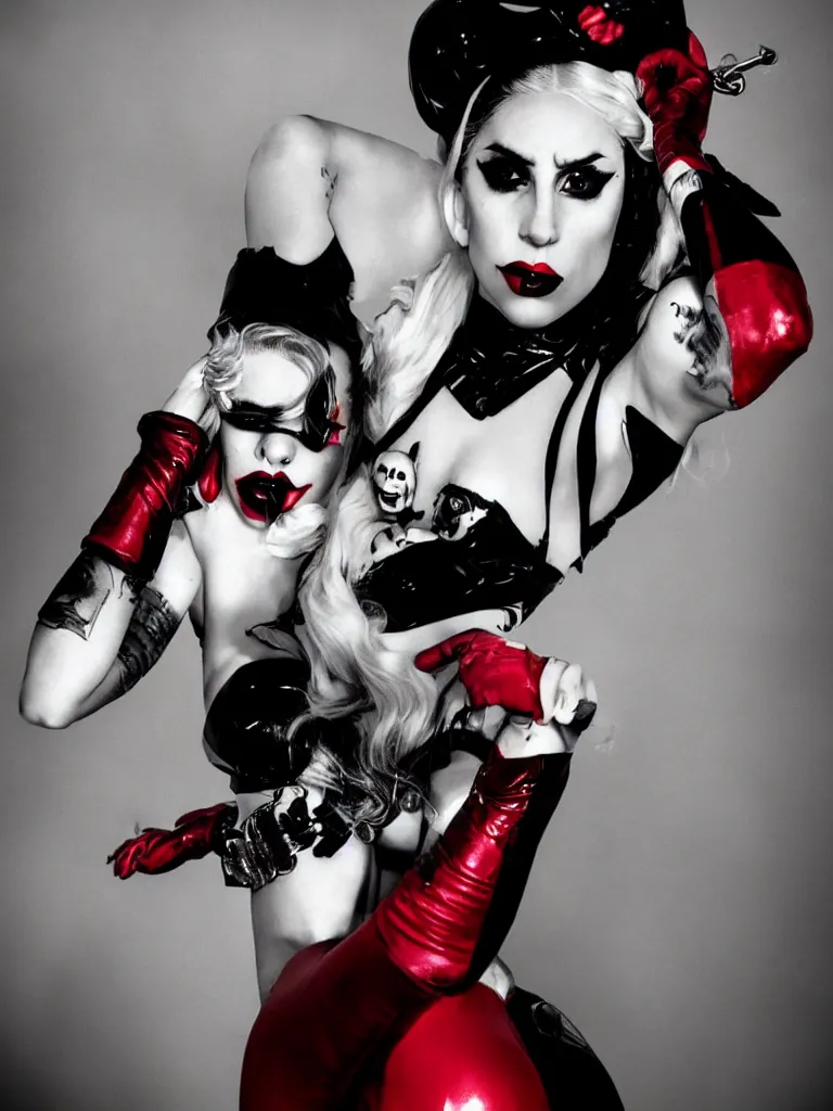 Image similar to dramatic pinup portrait of lady gaga as harley quinn, fashion photography,