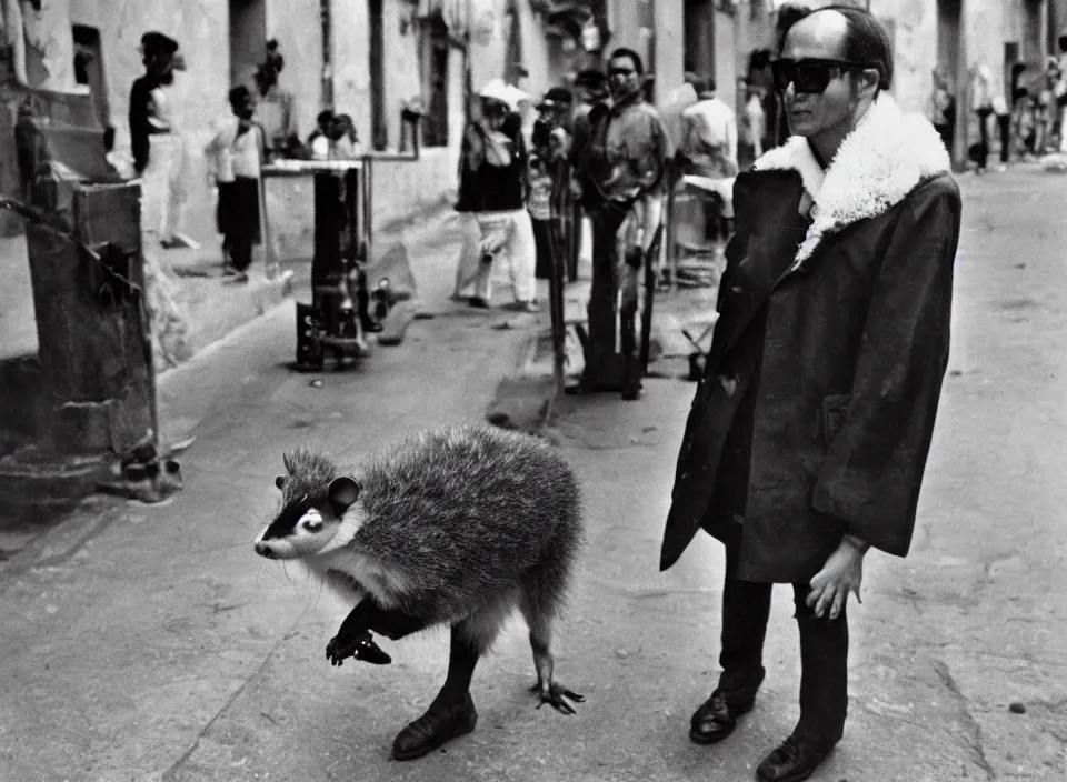 Prompt: a striking black-and-white photograph of a humanoid opossum in a trenchcoat and sunglasses in the streets of Mexico City, vintage art photography