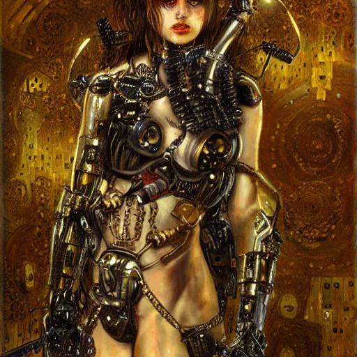 Prompt: cybernetic female demon supersoldier armed with laser rifle, intricate detail, klimt, royo, whealan,