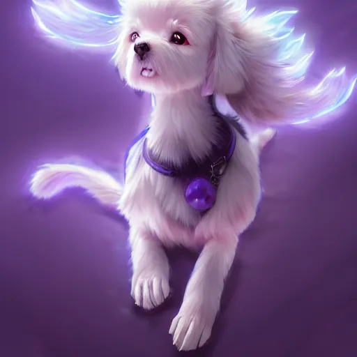 Image similar to advanced full body digital anime art, cute anime female dog hybrid, short white hair, purple watery eyes, dog paws for arms and legs and a big dog tail , full round face :: cinematic lighting, rim lighting, very highly intricately detailed, trending on pixiv :: Steven Artgerm Lau, WLOP, RossDraws, RuanJia, James Jean, Andrei Riabovitchev, Totorrl, Marc Simonetti, Visual Key, and Sakimichan