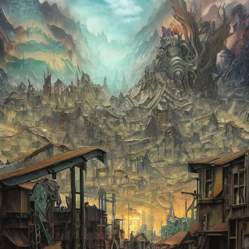 Image similar to an epic hyperdetailed 3 d matte painting of a wiccan shantytown in the victorian village surrounded by colossal biomorphic hallucinogenic demonic eldritch beings by peter mohrbacher by gerald brom by yoji shinkawa by richard michael gorman powers