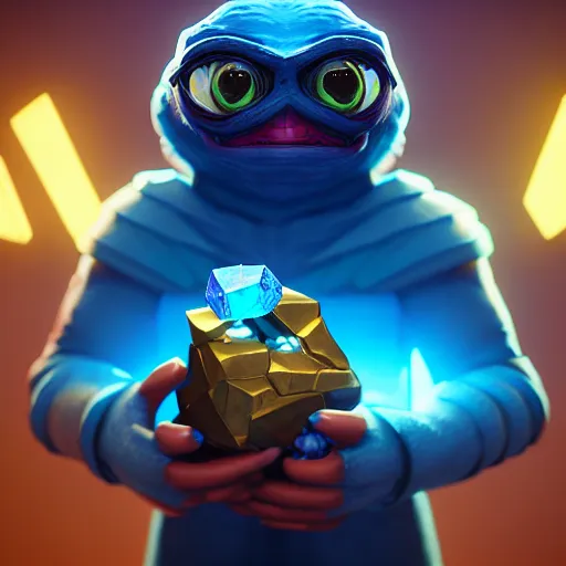 Image similar to pepe holding blue crystals, loot box, chest, vault, wadim kashin, simon stalenhag, featured in artstation, octane render, cinematic, elegant, intricate