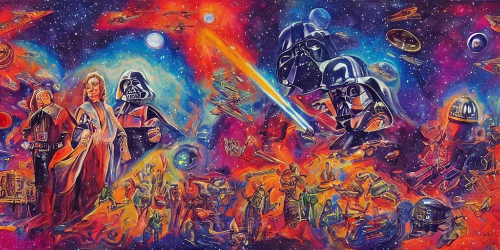 Image similar to high detailed psychedelic painting of star wars the movie in the cosmos